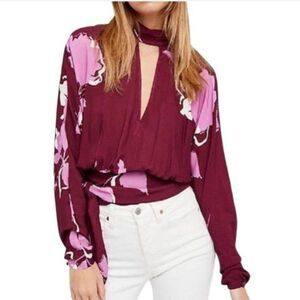 Free People Say you love me Plum Floral Top With Smocked Tie Waist Small P